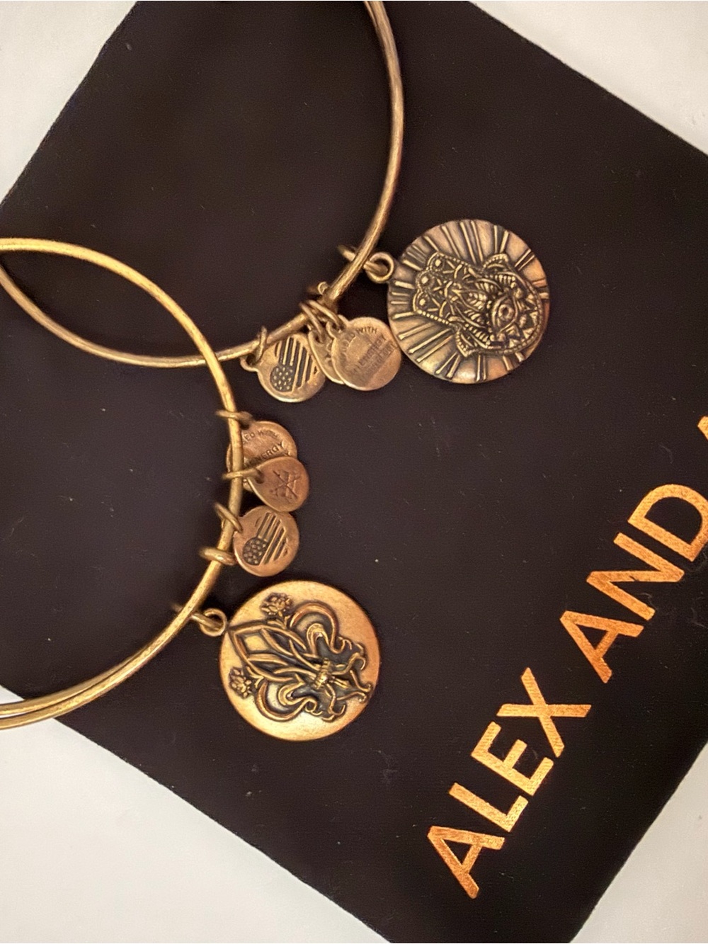 Alex and Ani Gold-Tone Fleur de Lis and Sun Charm Bangle Duo